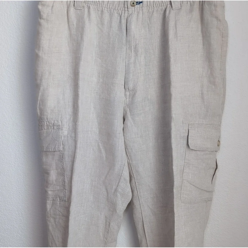 Caribbean Linen Pants Mens 38x30 Beige Cargo Elastic Drawstring Resort Beach